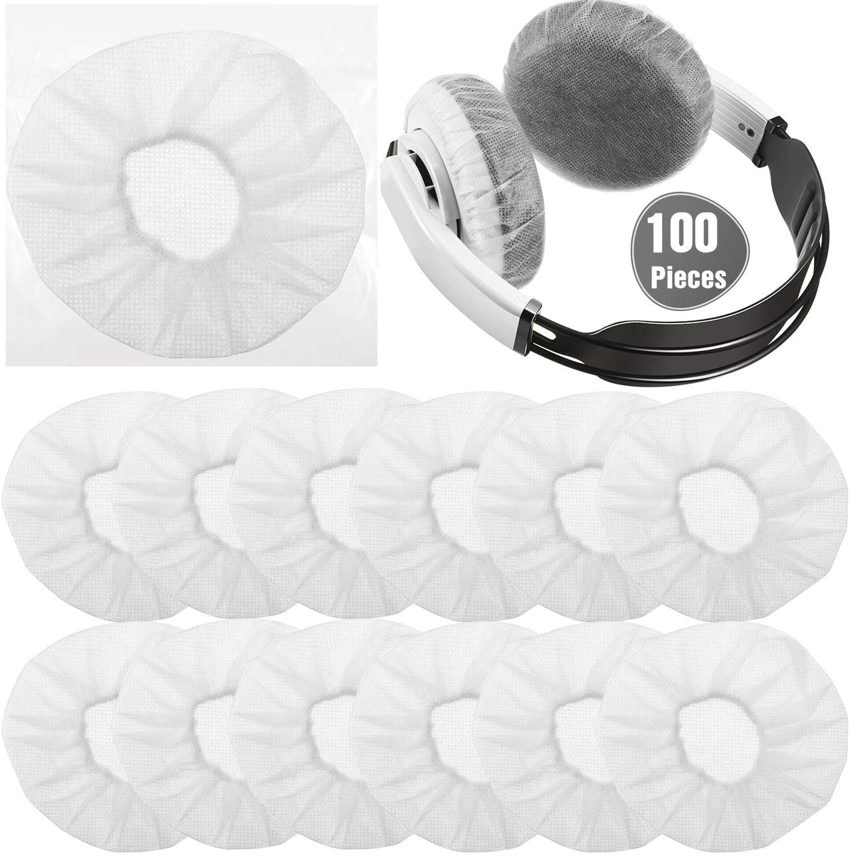 BBTO disposable white headphone ear covers in package for quick sanitary listening sessions