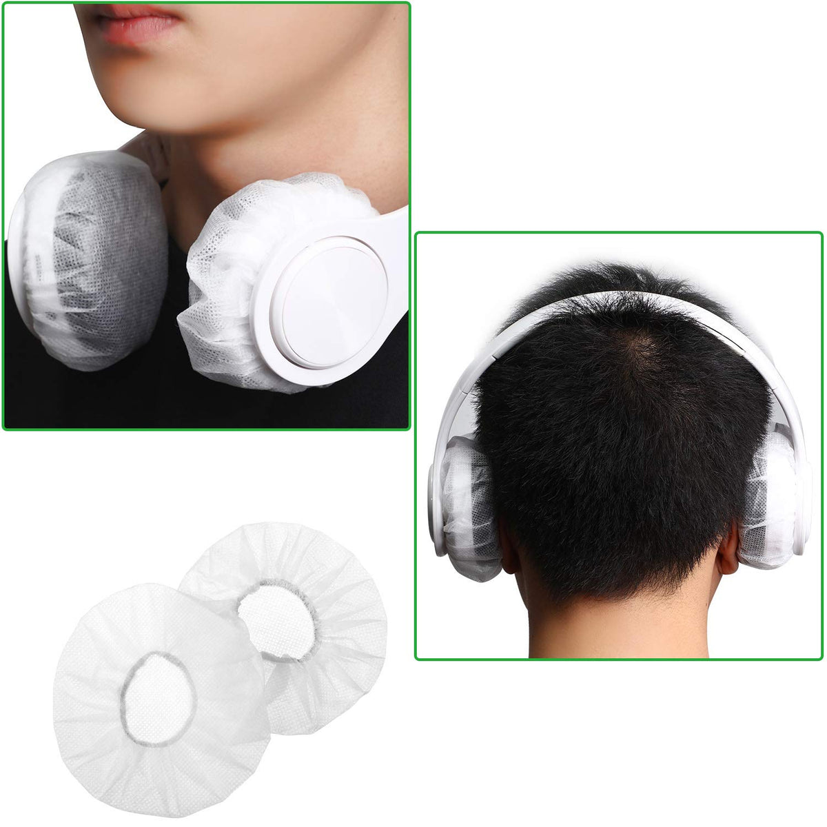 BBTO white ear covers closeup highlighting clean, single-use design