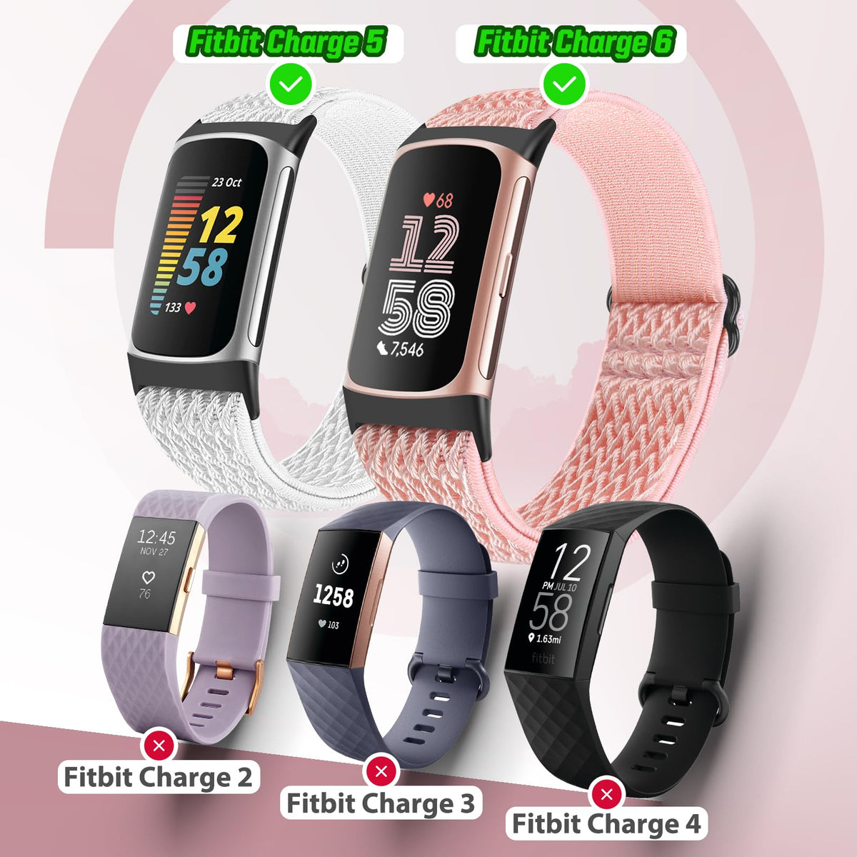 Bcuckood elastic band with adjustable loop buckle for secure fit on Charge 6/5.