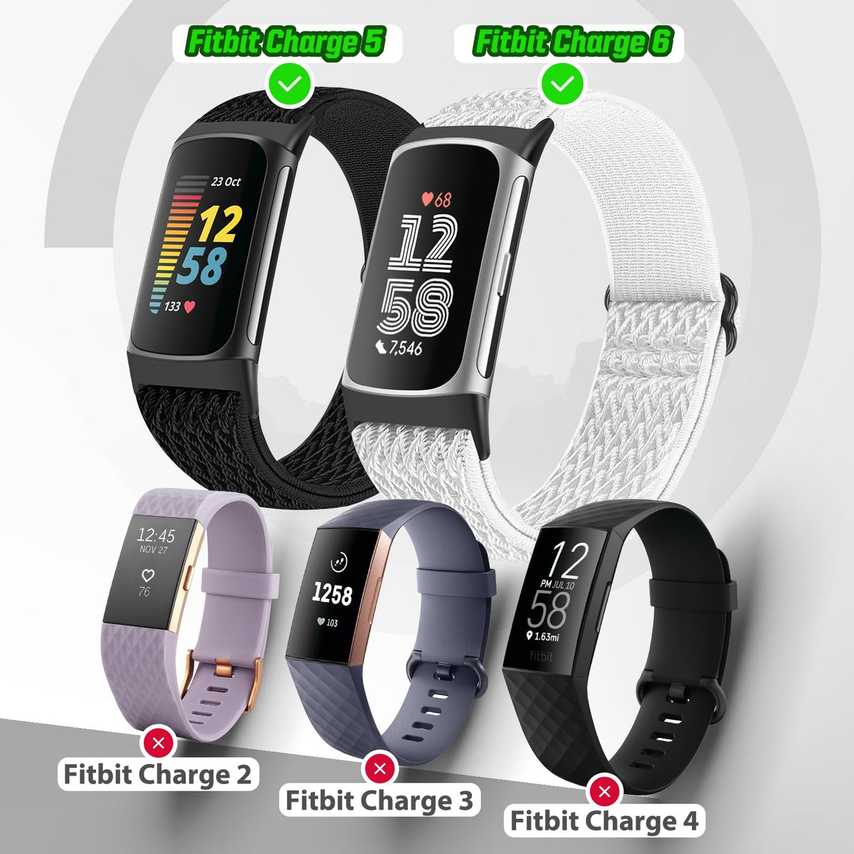 Bcuckood adjustable nylon loop strap on Fitbit Charge 6 demonstrating easy sizing.