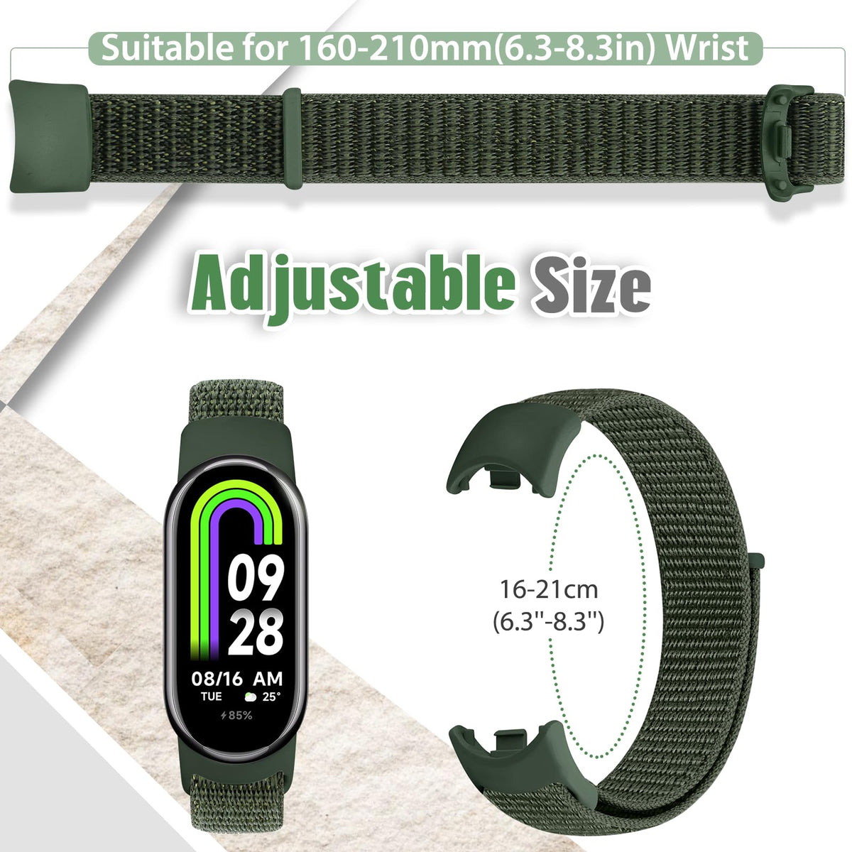 Bcuckood strap attached to Xiaomi band in use showing stability during activity benefit