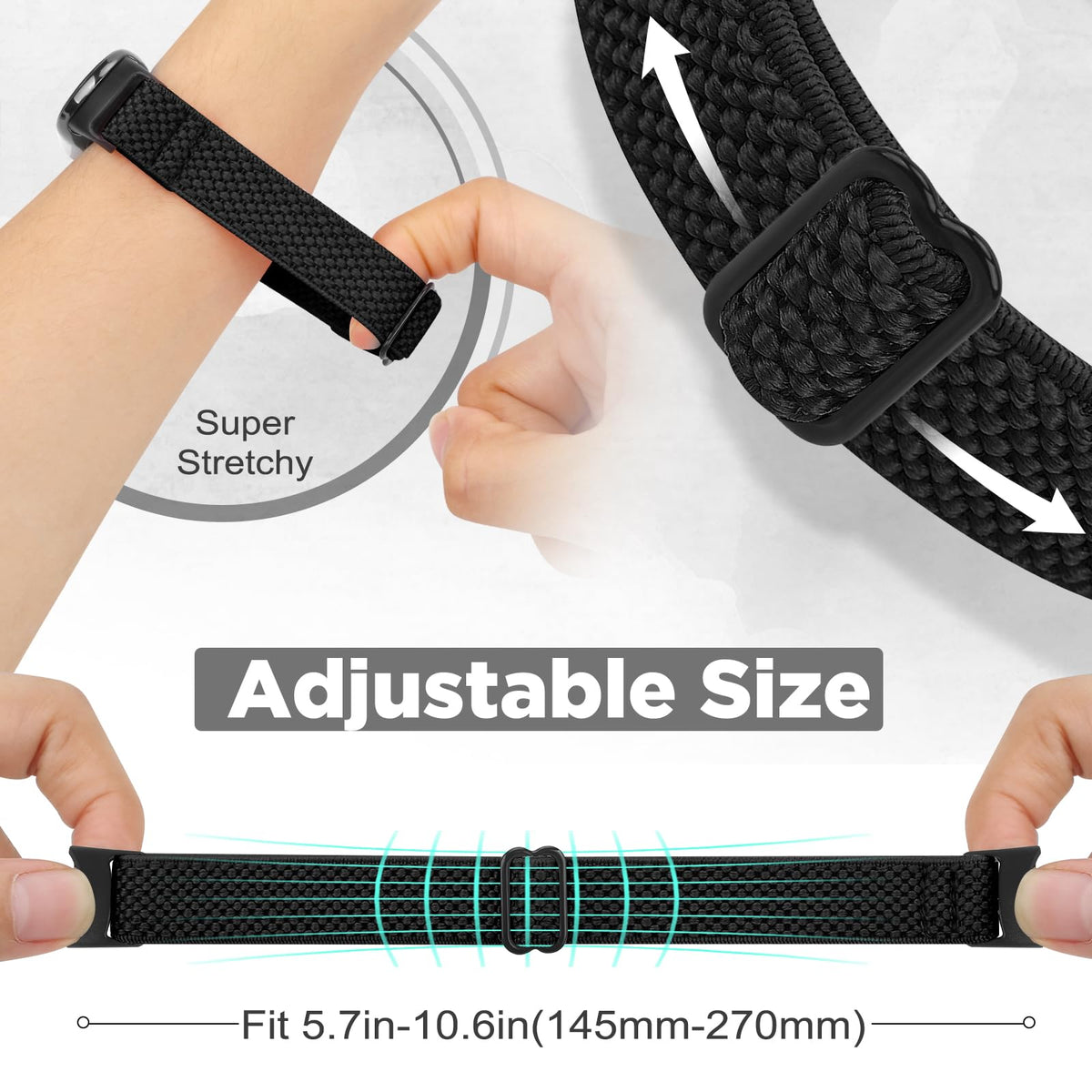 Bcuckood elastic band 10 on wrist, snug fit and quick adjustability.