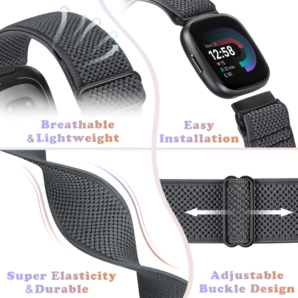 Bcuckood Versa 3 wrist fit shows adjustable loop for sizing.