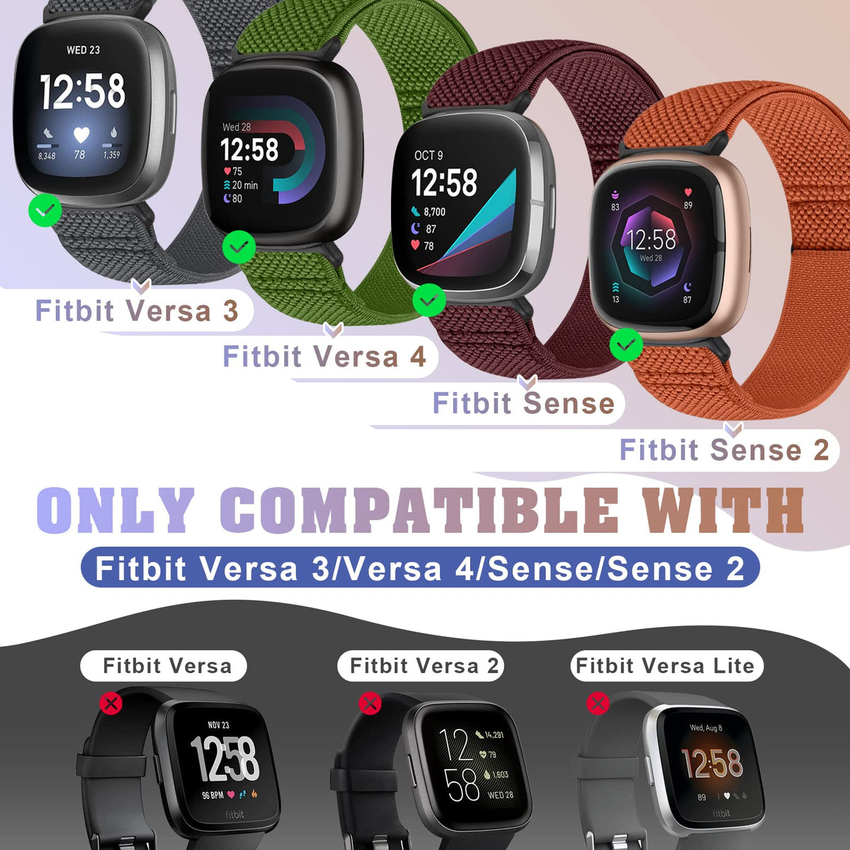 Bcuckood elastic nylon band Versa 3 Sense, wrist attachment close-up, secure fit.