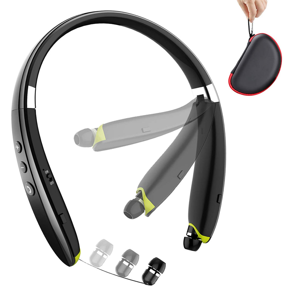 BEARTWO front view of foldable neckband headset showing compact profile and portability