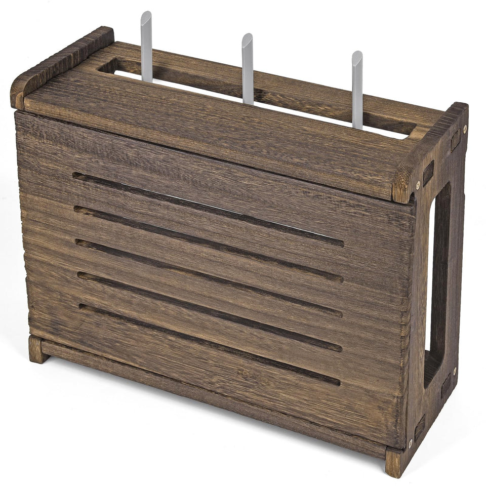 BEARUT wooden router shelf front view shows organized cables and accessible ports
