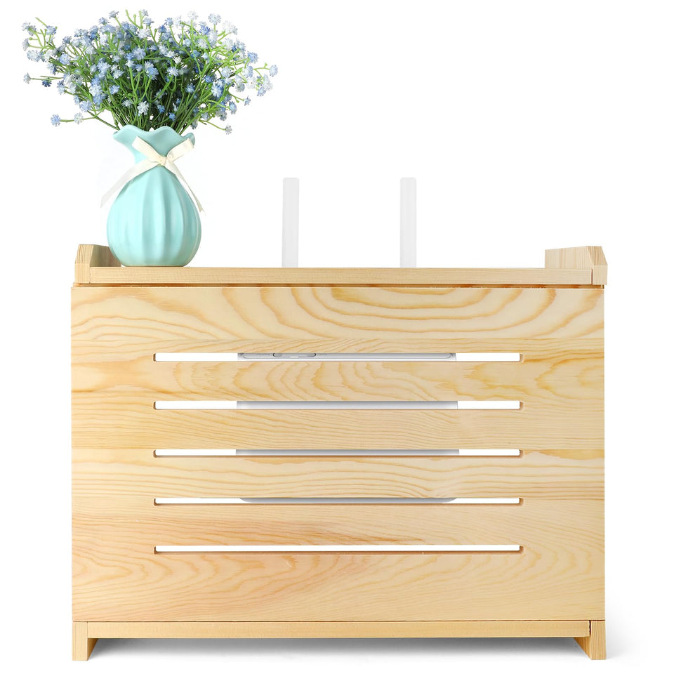 BEARUT wooden router shelf wall mount front view shows cable management