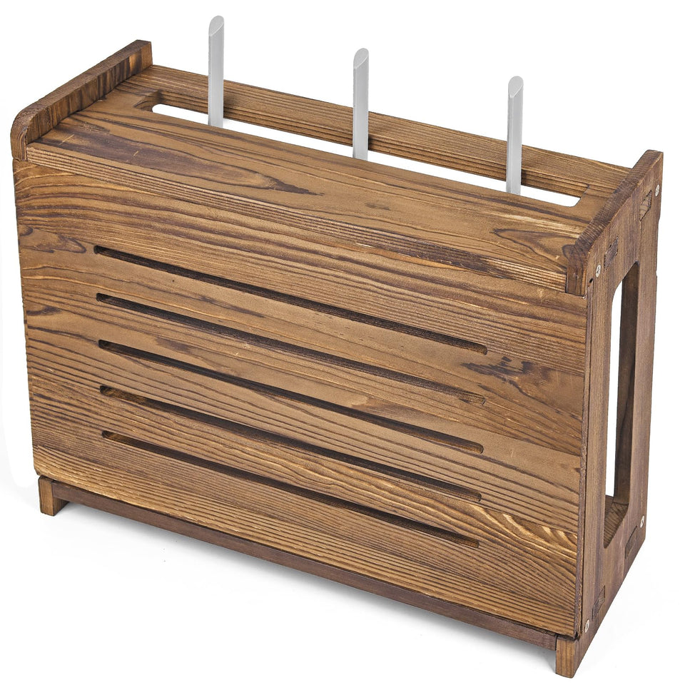 BearUT wooden router shelf wall-mounted for tidy cables.