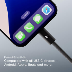 Beats cable connects USB-C to USB-C across Apple and Android devices for data transfer.