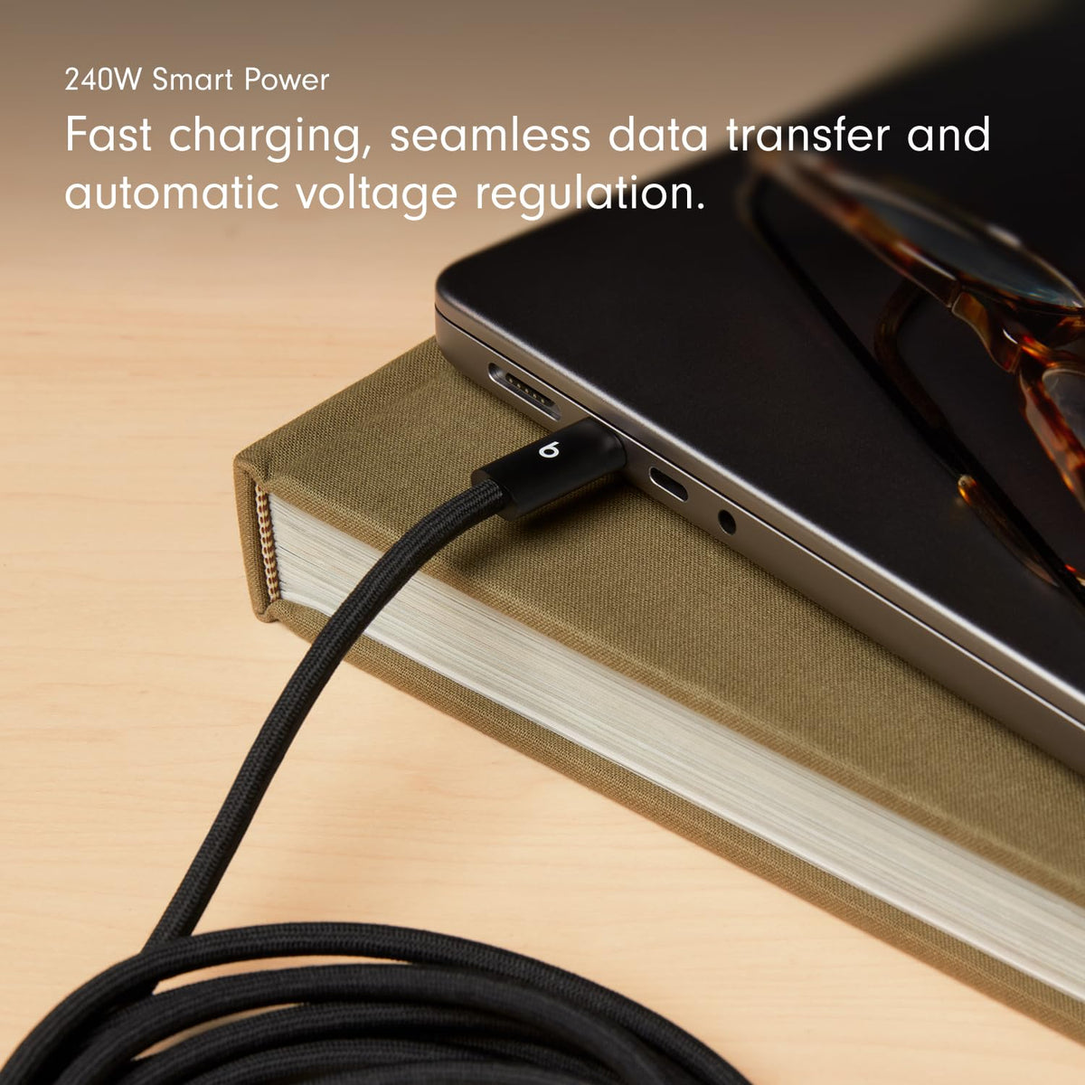 Beats braided cable delivering fast charging on compatible devices.