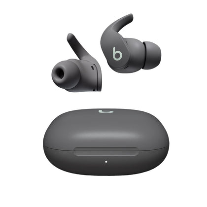 Beats Fit Pro 1st Gen Sage Gray earbuds close-up showing secure-fit wingtips for all-day comfort.