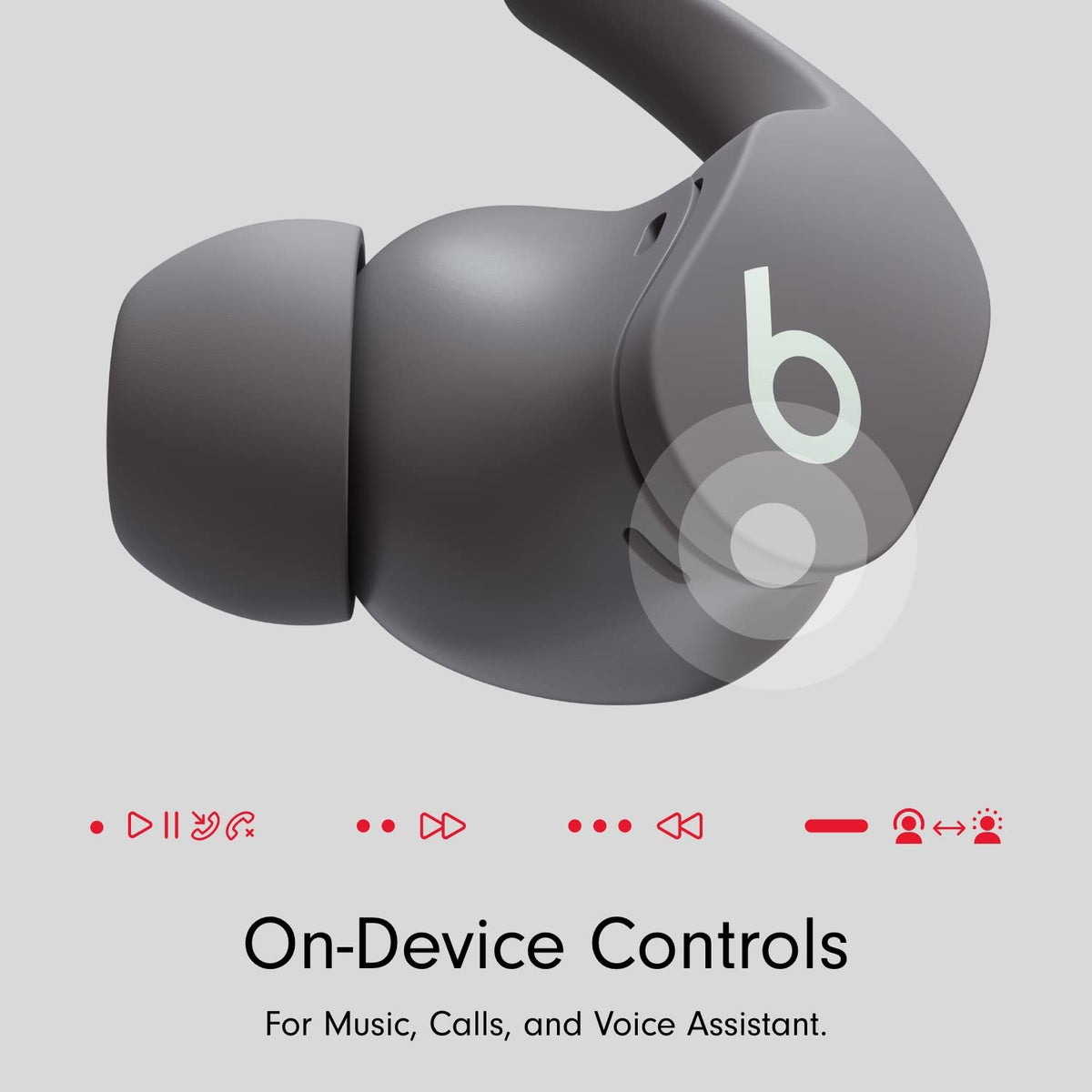 Beats Fit Pro Sage Gray case and buds showcasing Apple H1 chip capabilities