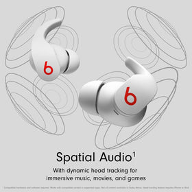 Beats Fit Pro white earbuds in-ear close-up showing secure wingtip fit.