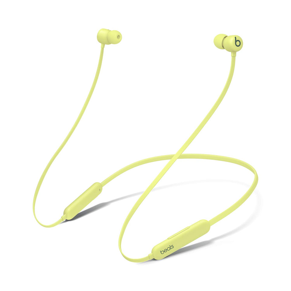 Beats Flex front packaging in yuzu yellow showing included contents and benefits