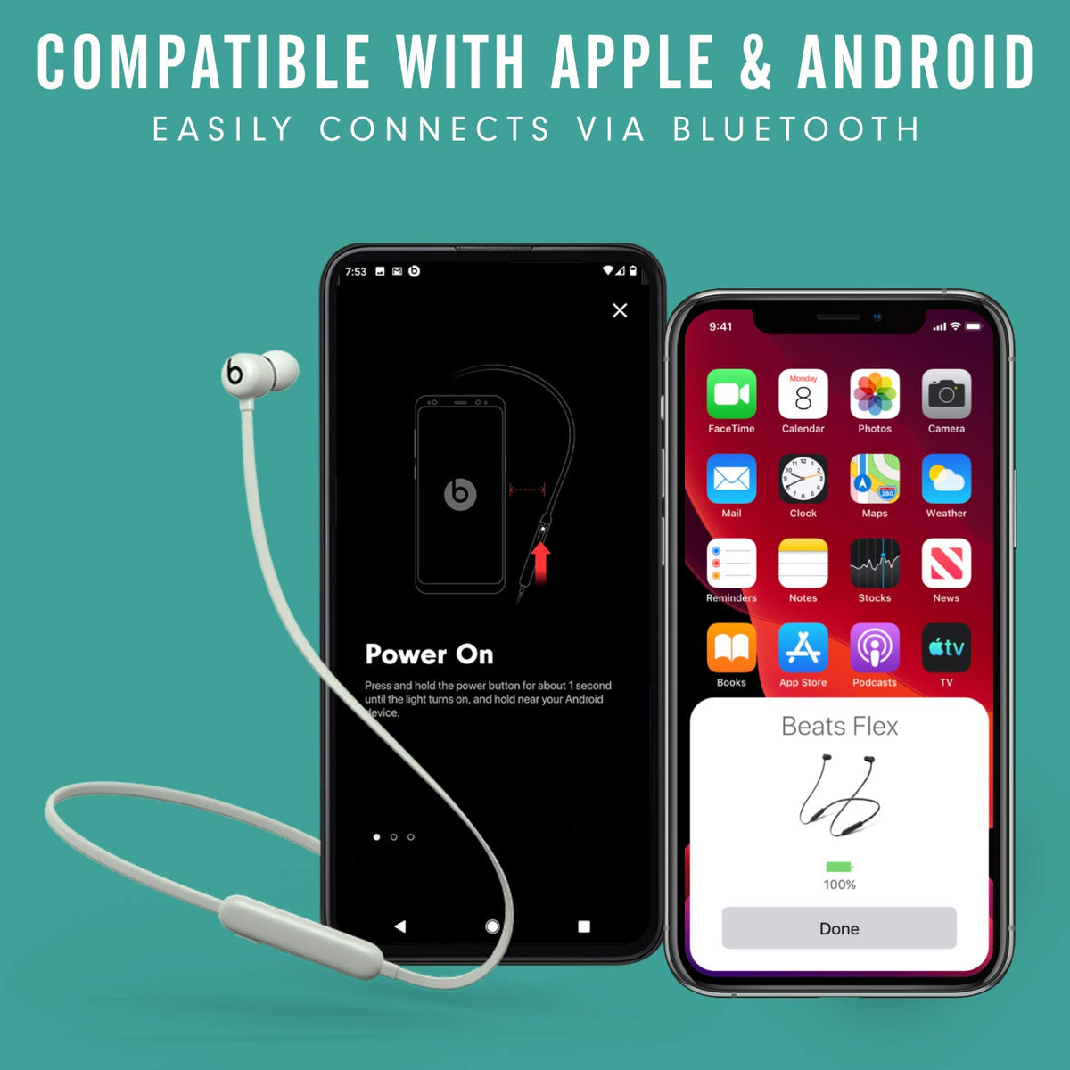 Beats Flex magnetic earbuds snapped together for easy storage and auto-pause