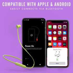 Beats Flex magnetic earbuds attached around neck preventing tangles and pausing audio