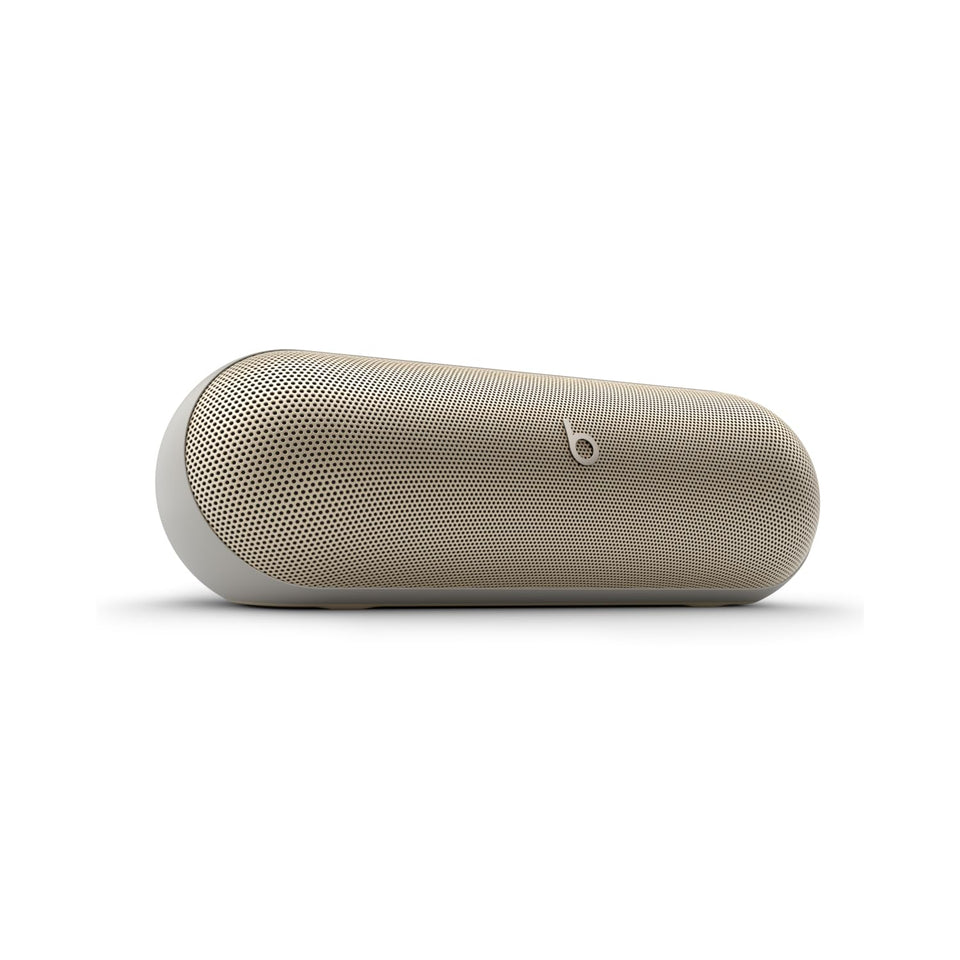 Beats Pill Campagne Gold front view highlighting portable, bass-rich design for on-the-go listening.