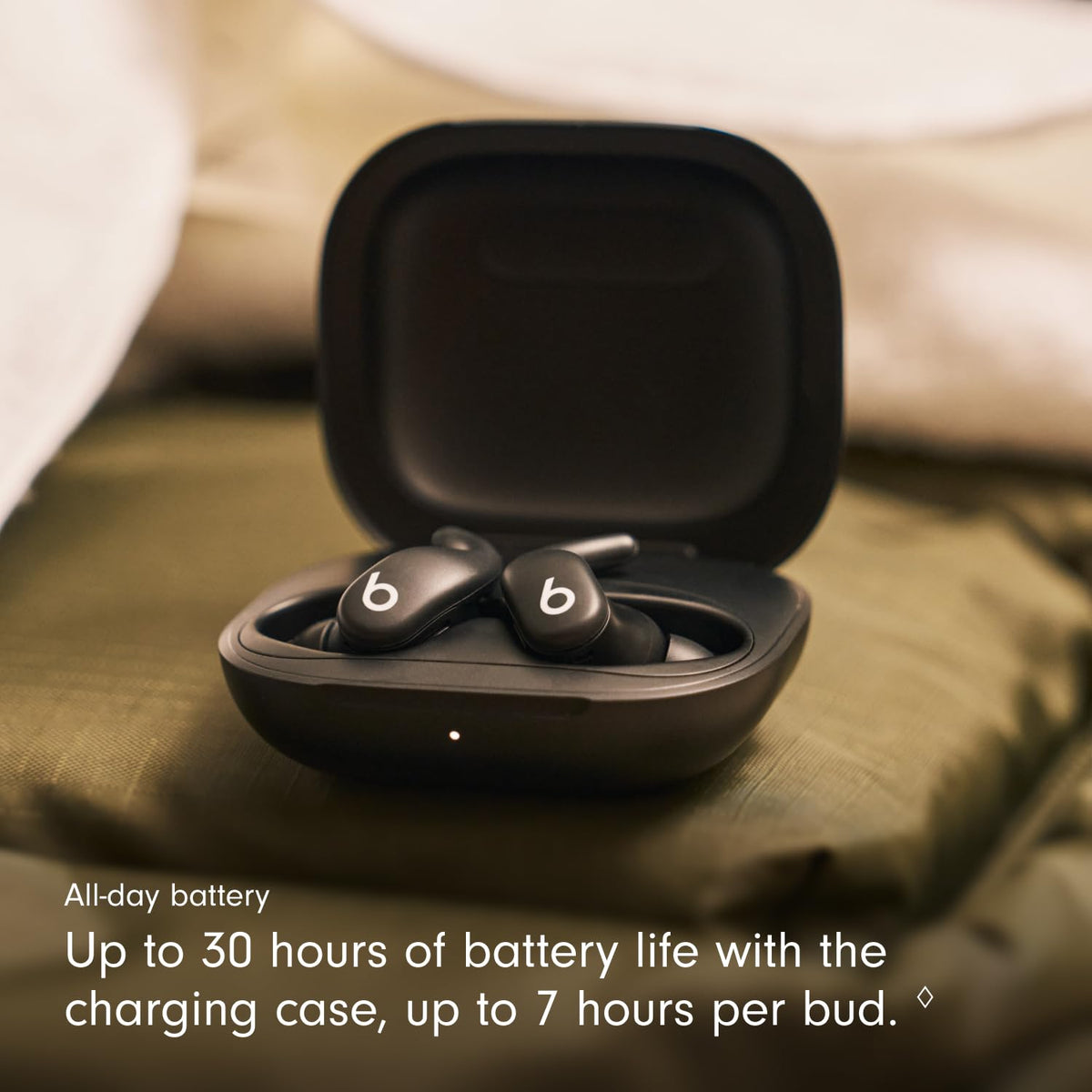 Beats Powerbeats Fit battery life graphic illustrating long playback during workouts.