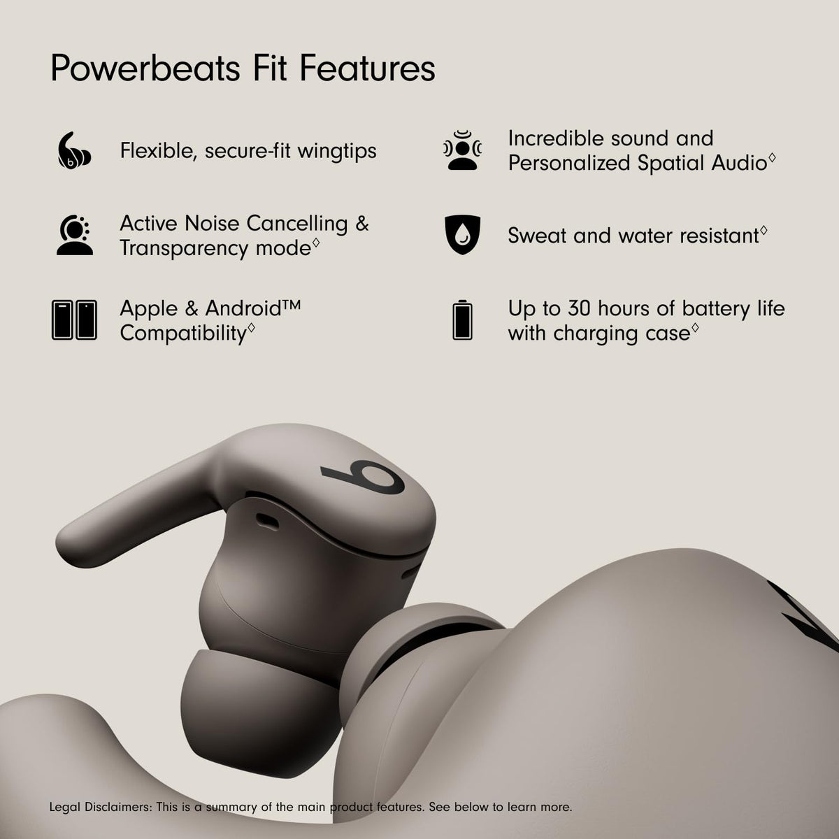 Beats Powerbeats Fit side view highlights sleek design ideal for daily workouts.