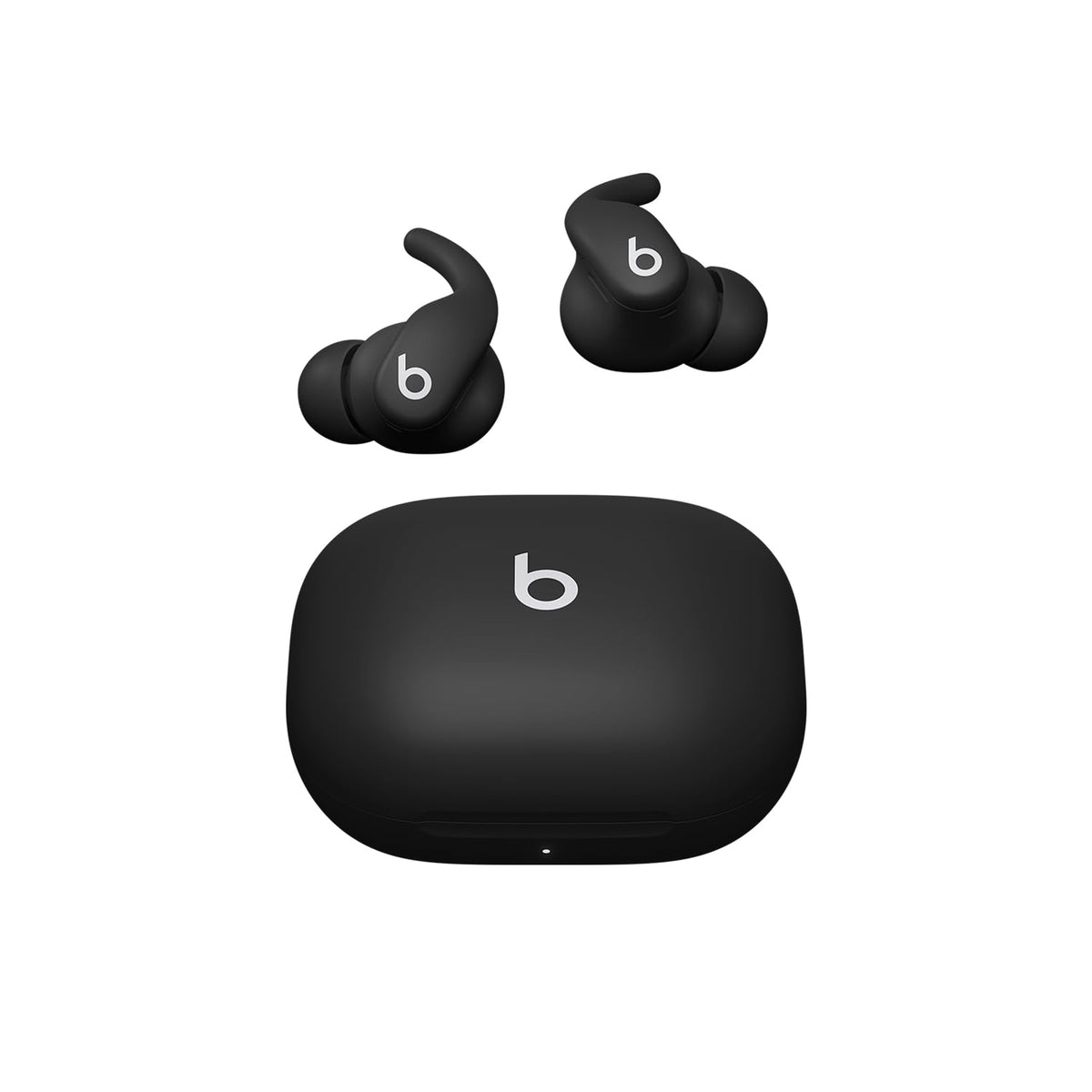 Beats Powerbeats Fit jet-black earbuds viewed upfront for high-performance workout sound.