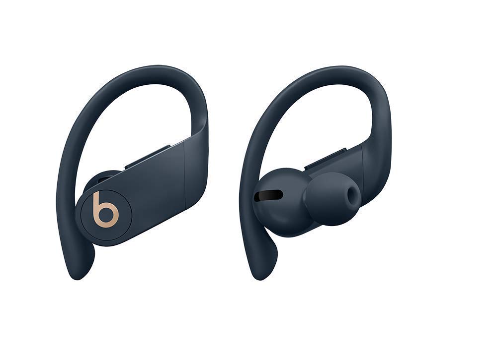 Beats Powerbeats Pro navy controls adjust volume and tracks during workouts.