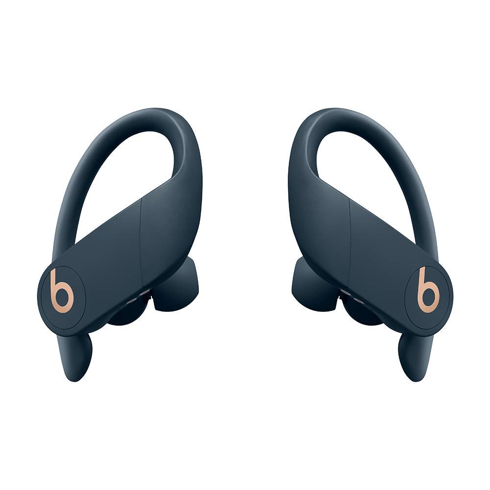 Beats Powerbeats Pro navy earbuds offer a secure, comfortable fit for workouts.