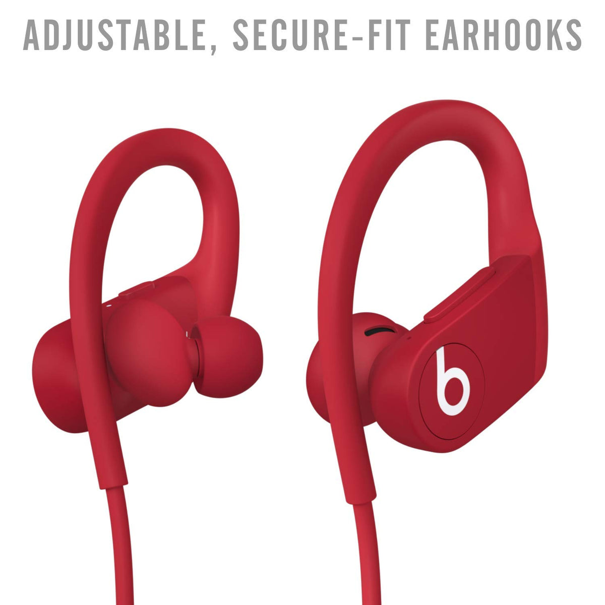 Beats Powerbeats red earhooks closeup highlighting adjustable, secure-fit for intense sessions.