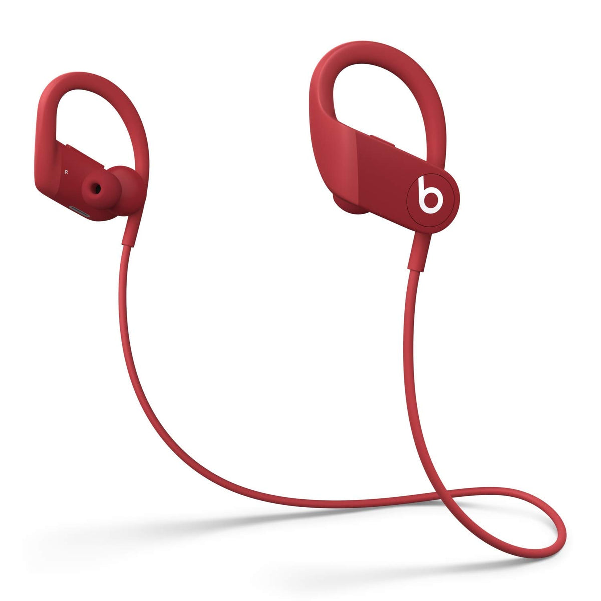 Beats Powerbeats red wireless earphones front view showing secure-fit design for workouts.
