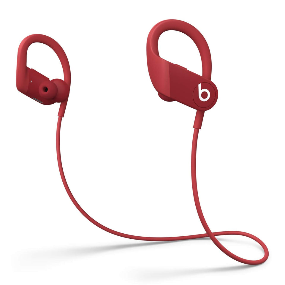 Beats Powerbeats red wireless earphones front view showing secure-fit design for workouts.