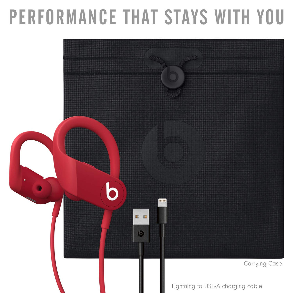 Beats Powerbeats red lifestyle shot in action during outdoor run.