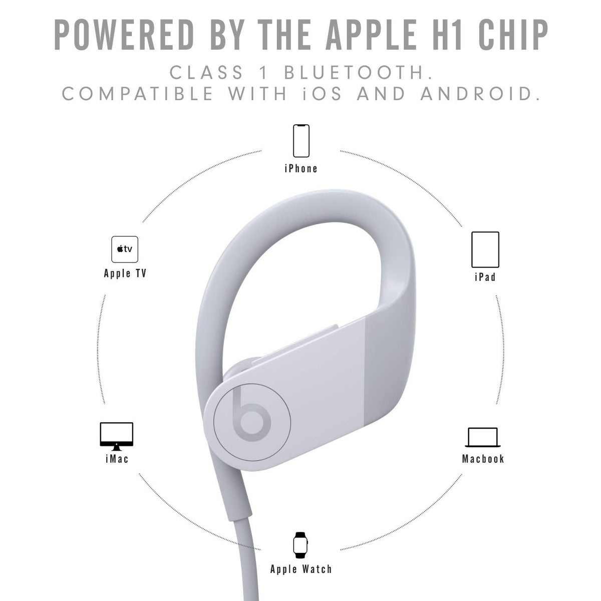 Beats Powerbeats white charging case nearby for convenient, extended listening.