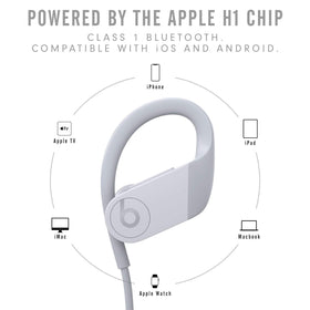 Beats Powerbeats white charging case nearby for convenient, extended listening.