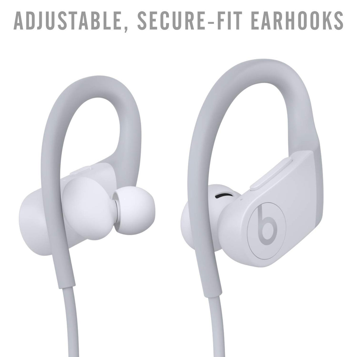 Beats Powerbeats white earhooks close-up highlighting secure-fit for workouts.