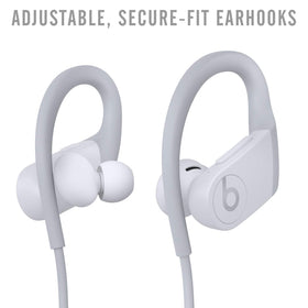 Beats Powerbeats white earhooks close-up highlighting secure-fit for workouts.