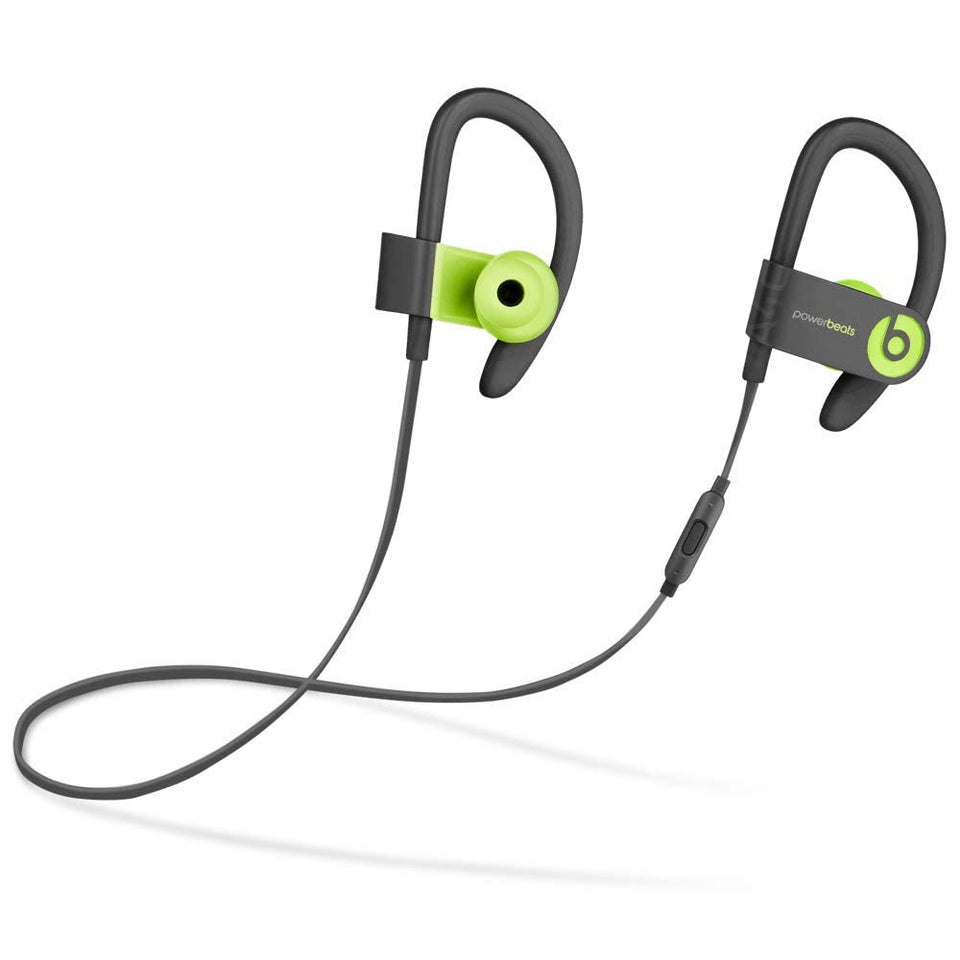 beats Powerbeats3 front view showing shock yellow finish and packaging, highlights visibility