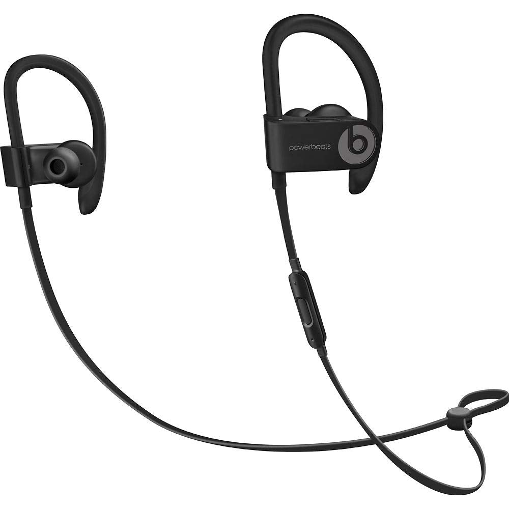 Beats Powerbeats3 front view showing earbuds and inline remote for workout control