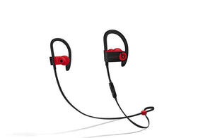 Beats Powerbeats3 front view showing black and red finish and earbuds — clear visual of design and fit