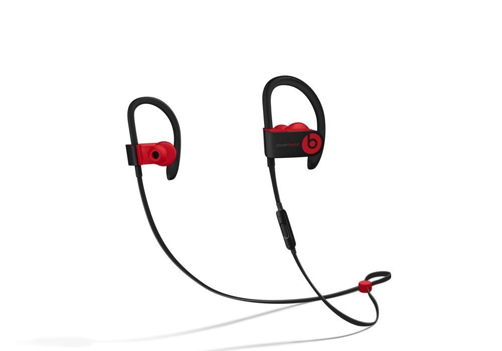 Beats Powerbeats3 controls and inline RemoteTalk closeup demonstrating hands-free music and calls