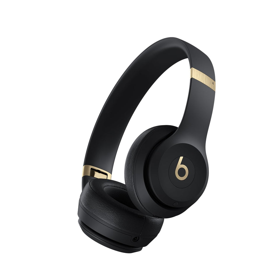Beats Solo 4 front view in black and gold, ideal for daily listening.