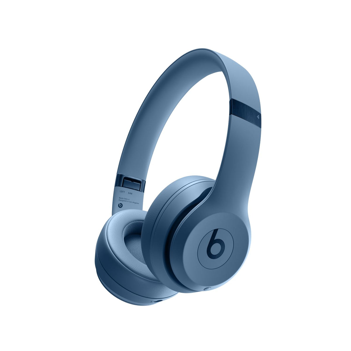 Beats Solo 4 wireless headphones in slate blue, front view, immersive sound.