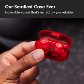 Beats Solo Buds compact case on table emphasizes portability and easy travel