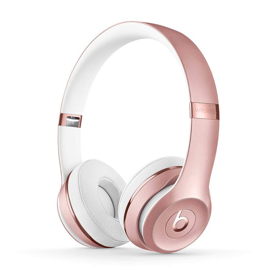 Beats Solo3 Rose Gold front view highlighting sleek wireless design and comfort
