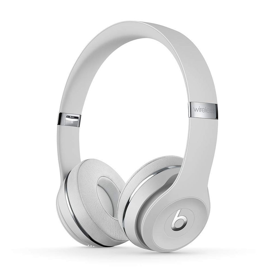 Beats Solo3 wireless headphones in satin silver on-ear cups for all-day comfort.