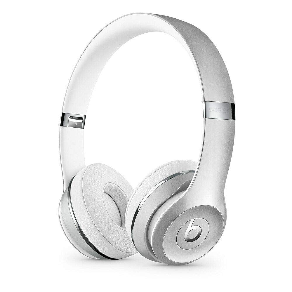 Beats Solo3 Wireless headphones in silver, angled view highlighting on-ear comfort for all-day listening