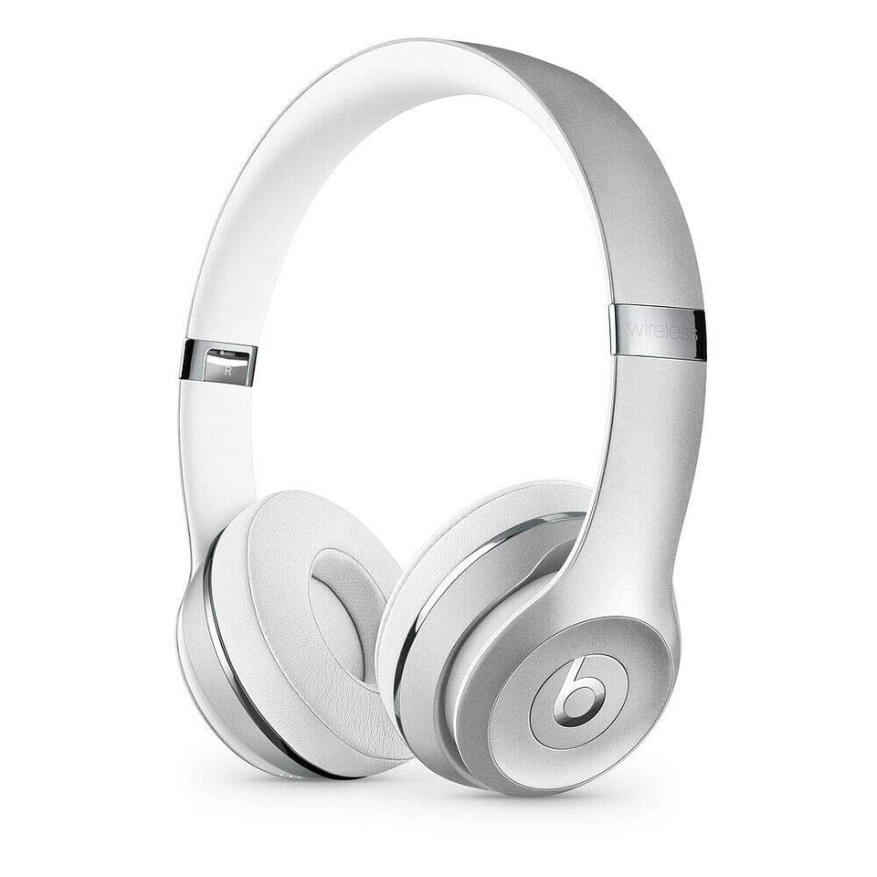 Beats Solo3 Wireless headphones in silver, angled view highlighting on-ear comfort for all-day listening