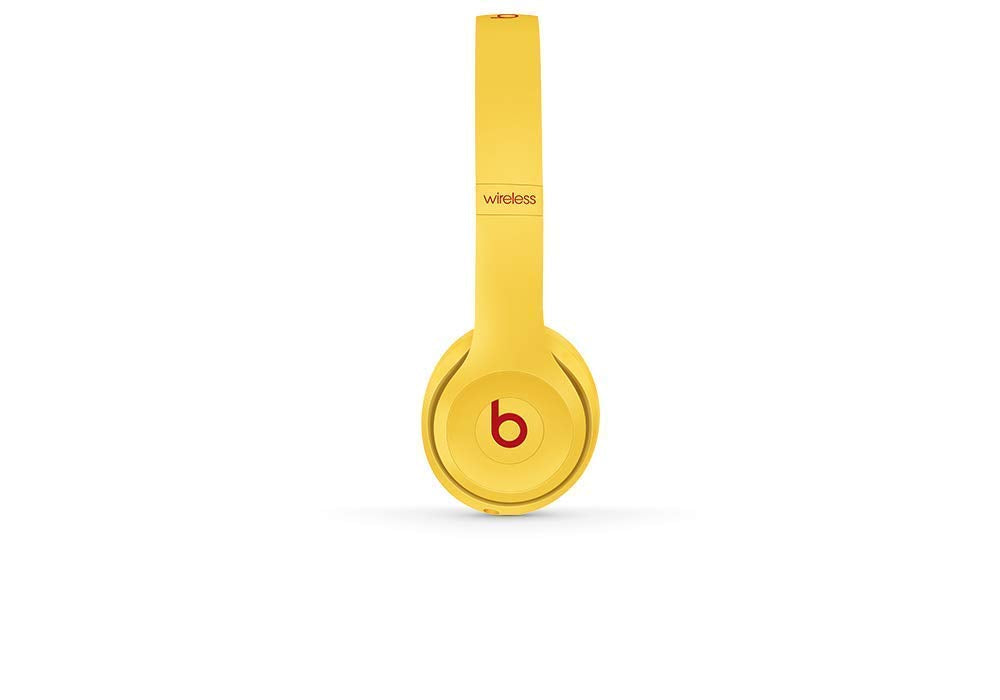 Beats Solo3 Wireless on-ear headphones in Club Yellow, cushions close-up for comfortable wear.