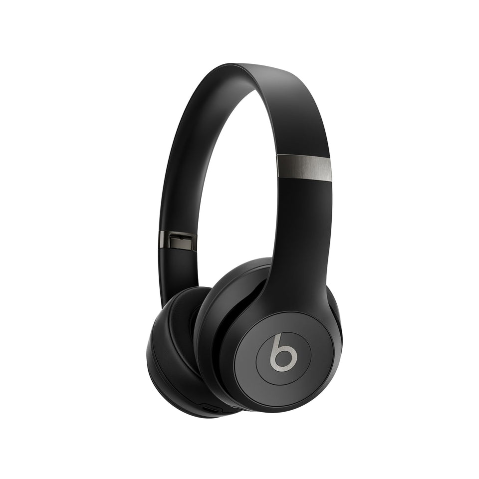 Beats Solo 4 front view in matte black, portable and lightweight