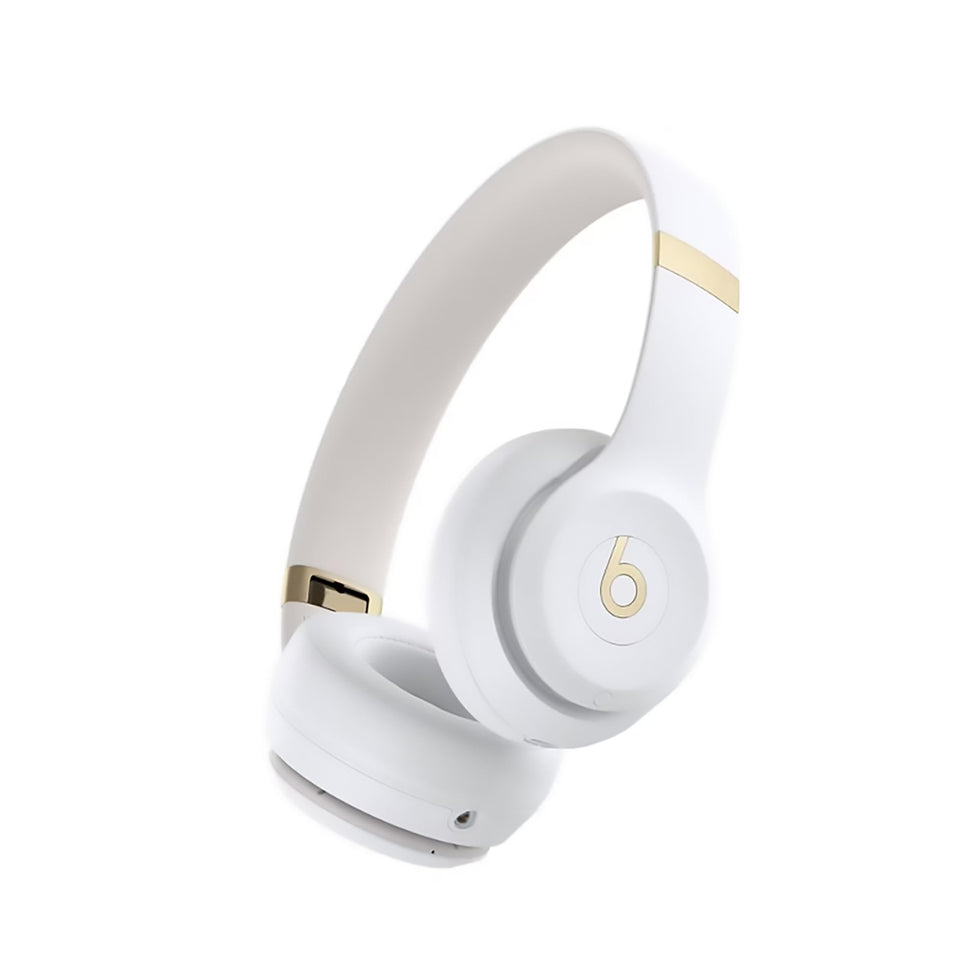 Beats Solo 4 on-ear headphones in warm white with bold sound, front view for daily listening.
