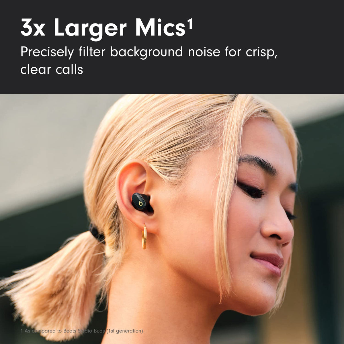 Beats Studio Buds compact design ideal for travel and workouts.