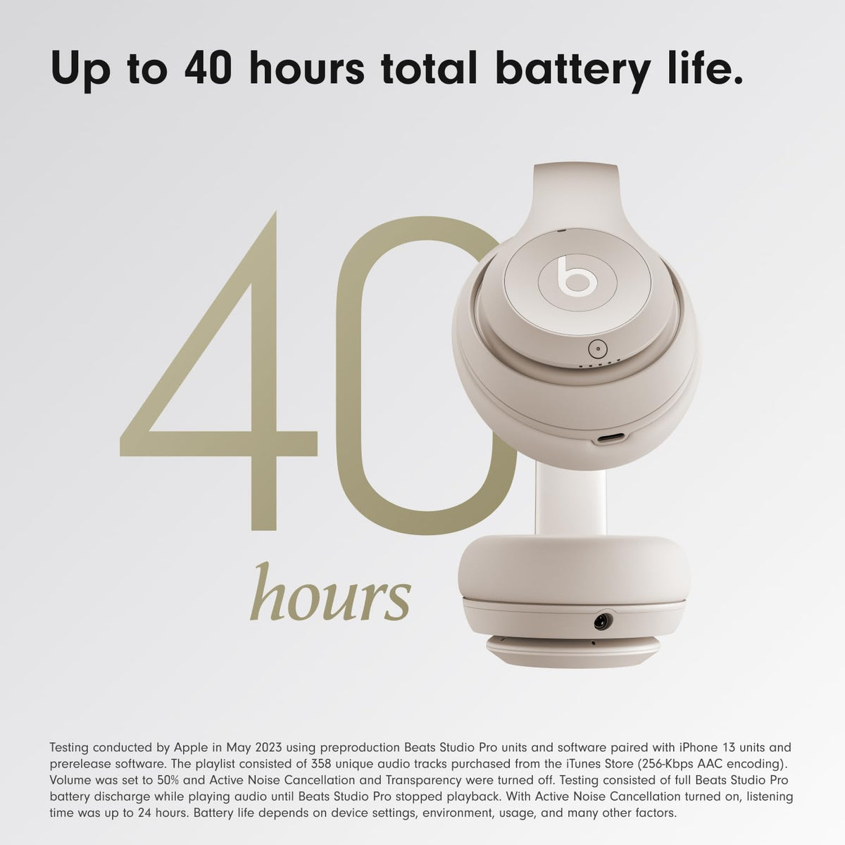 Beats Studio Pro shows up to 40-hour battery for long listening sessions.